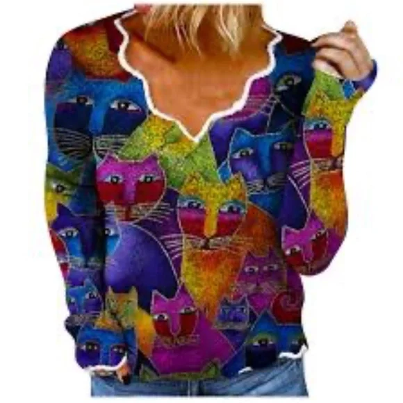 Colorful Abstract Cat Print Long Sleeve Sweater - Picture 2 of 5